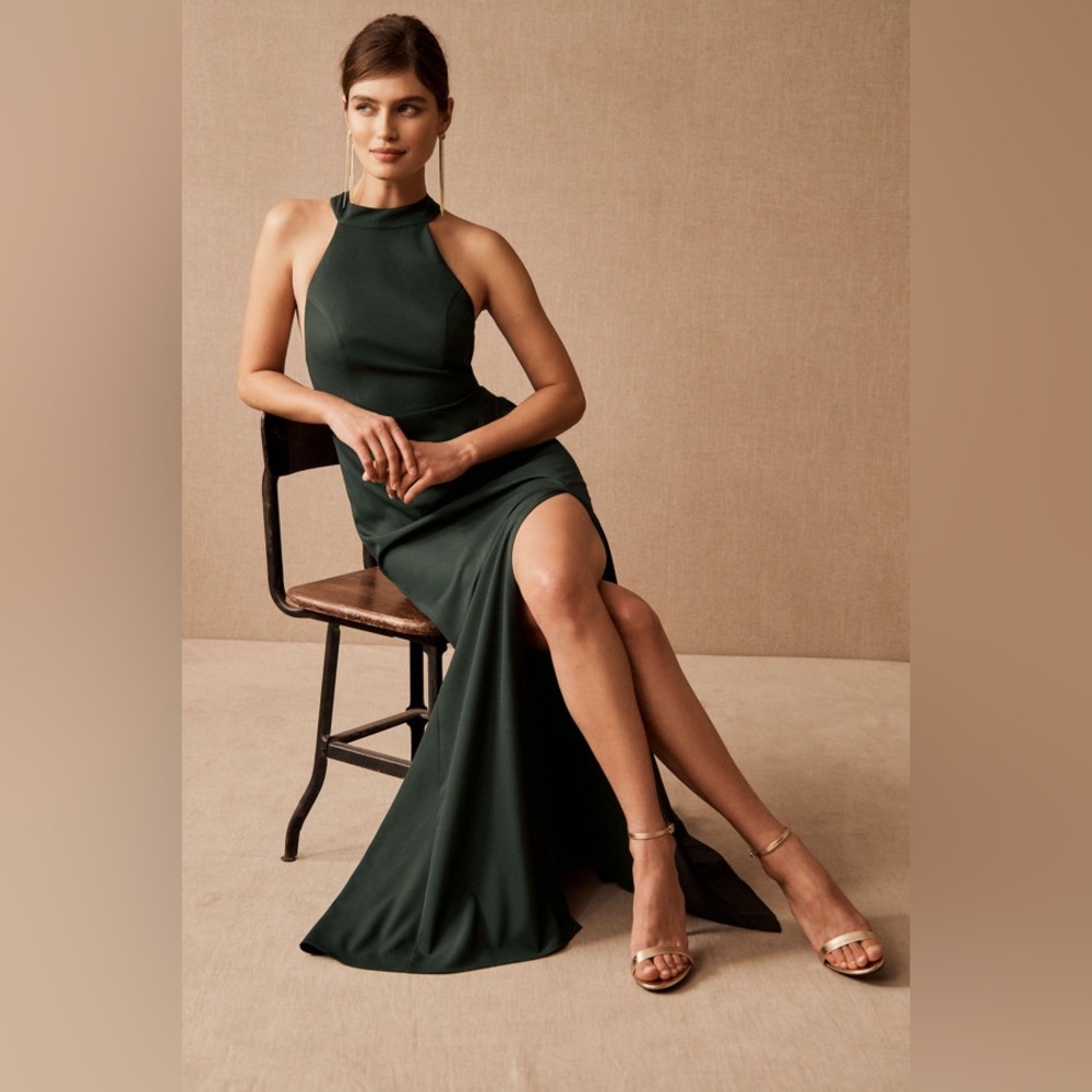BHLDN Anthropologie Dark ForestGreen Maxi Dress With Slit Open Back